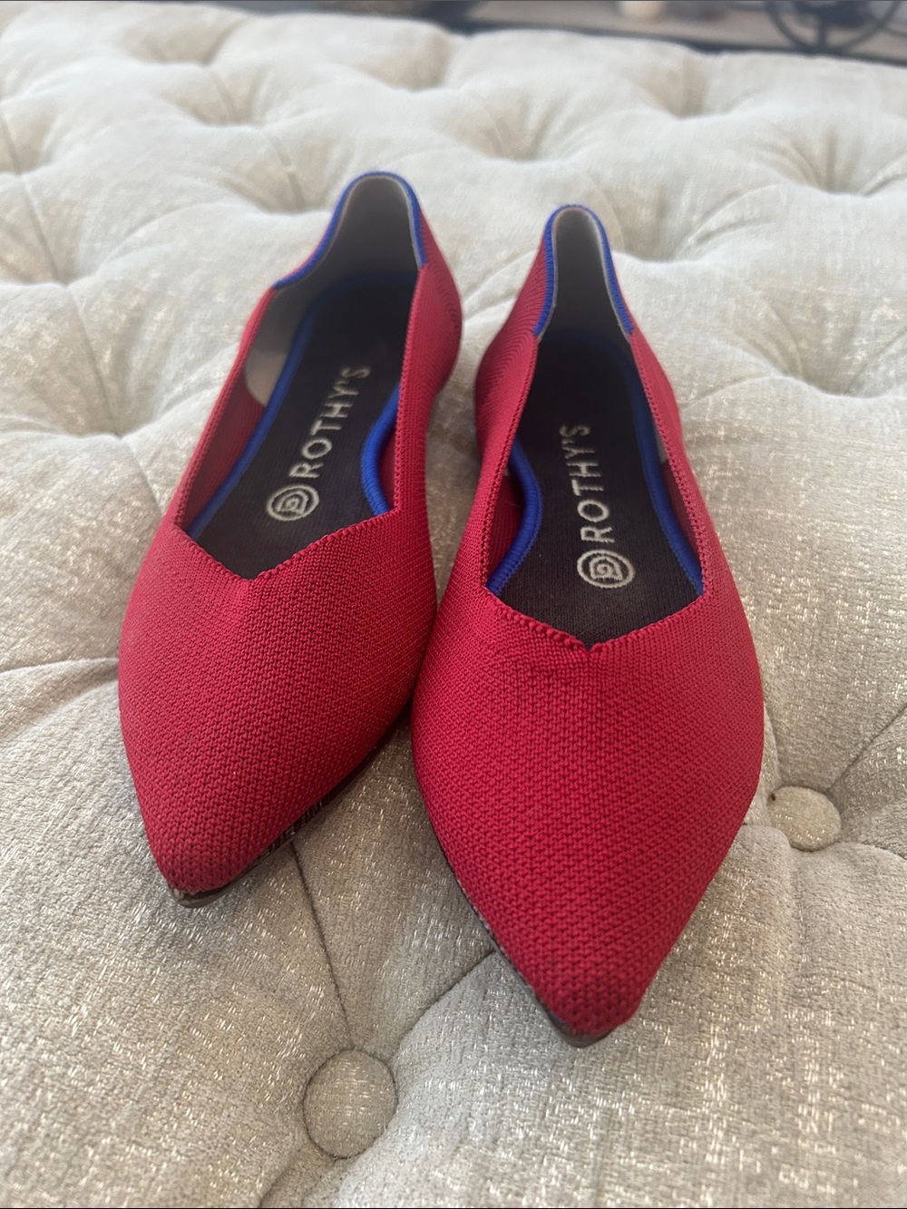 Rothy's Women's Pointed Knit Flats in Burgundy with Blue Trim